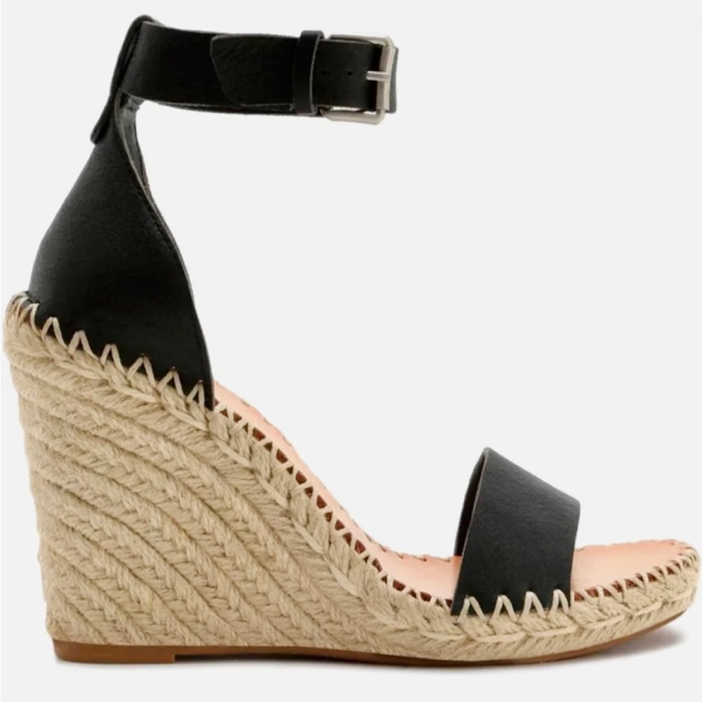 Dolce Vita Black Ankle Strap Noor Wedge Buckle Leather Espadrille